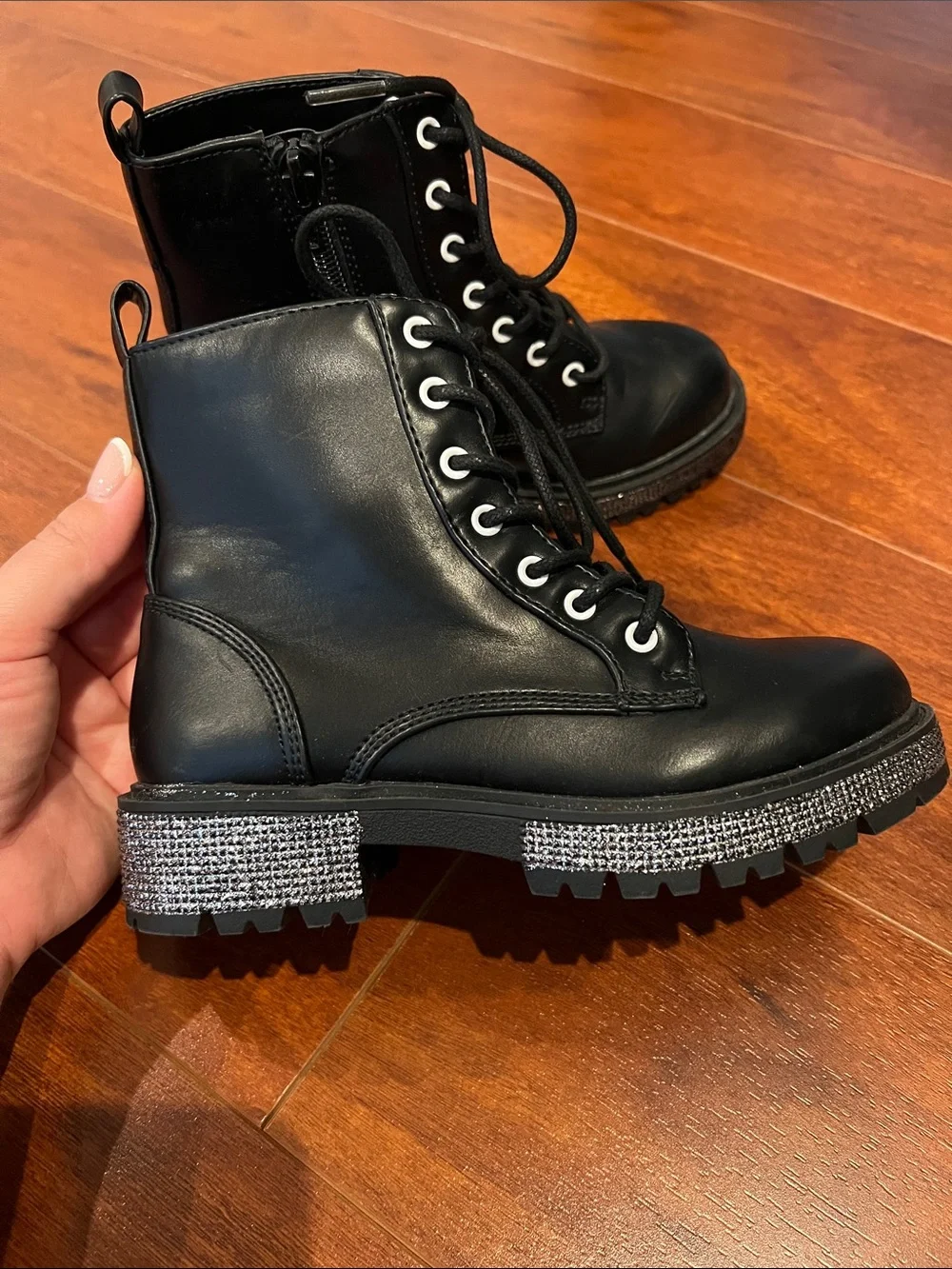 Steve Madden Black Lace-Up Combat Boots with Glitter Trim